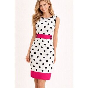 AGB White & Navy Polka Dot Sheath Dress with Fuchsia Trim
